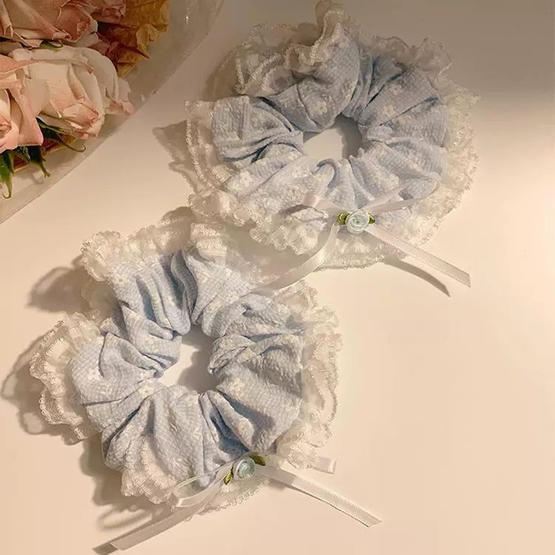 Sea Salt Girl ~ Blue bow lace large intestine hair band, a high-end Korean-style sweet flower hair tie accessory Specification drawing