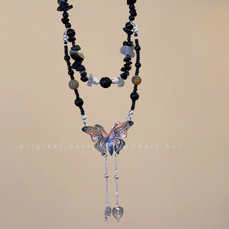 New Chinese-style butterfly pendant, beaded double-layer necklace, long women's retro ethnic style accessory, high-end collarbone chain with Chinese style Specification drawing
