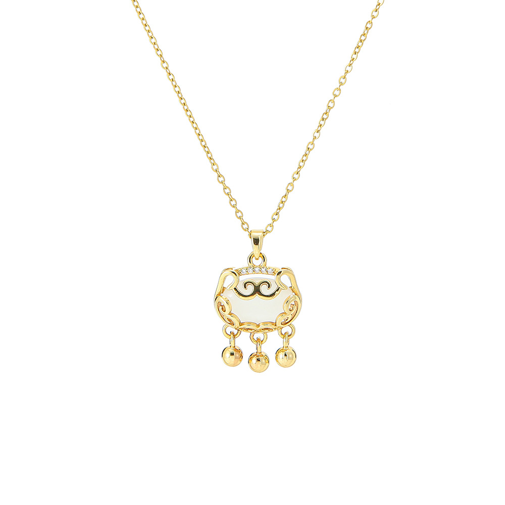 Japanese and Korean style cat's eye stone peace lock pendant, titanium steel necklace, women's niche light luxury design sense collarbone chain, elegant accessory Item Picture