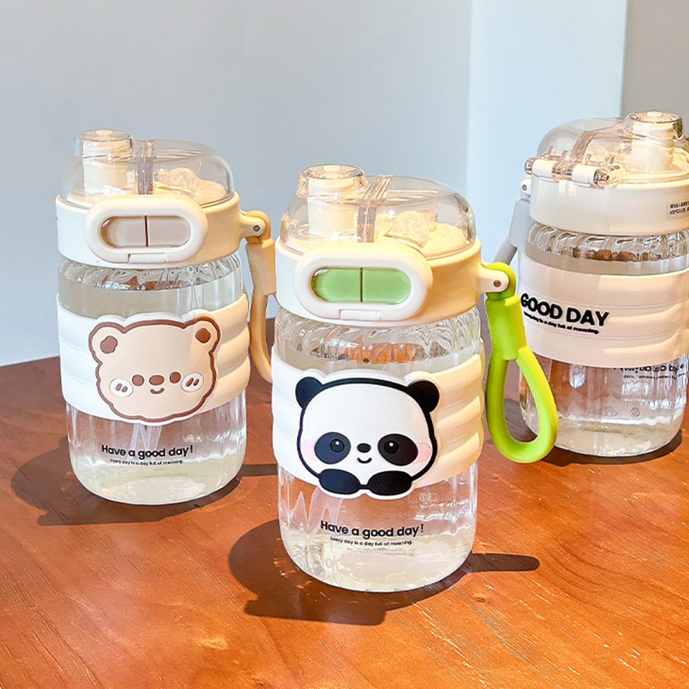 Cute double-mouthed glass cup, high appearance level, cute straw cup, student cartoon, portable girls' water cup with a handle details Picture