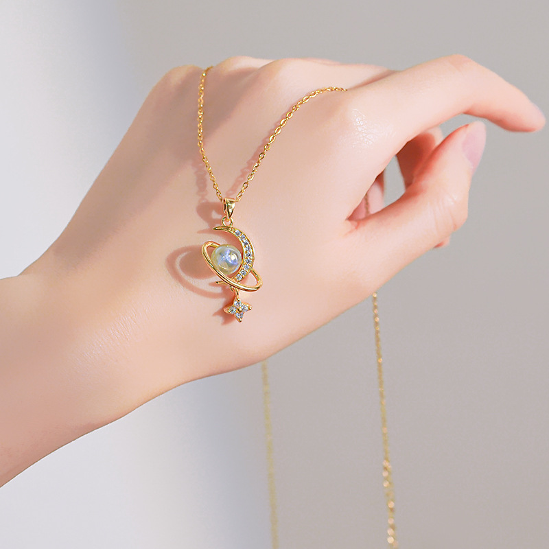 Mermaid Princess Pearl Moon Planet Pendant Titanium steel necklace with a unique design sense for women, new collarbone chain high-end accessory Application Scenario