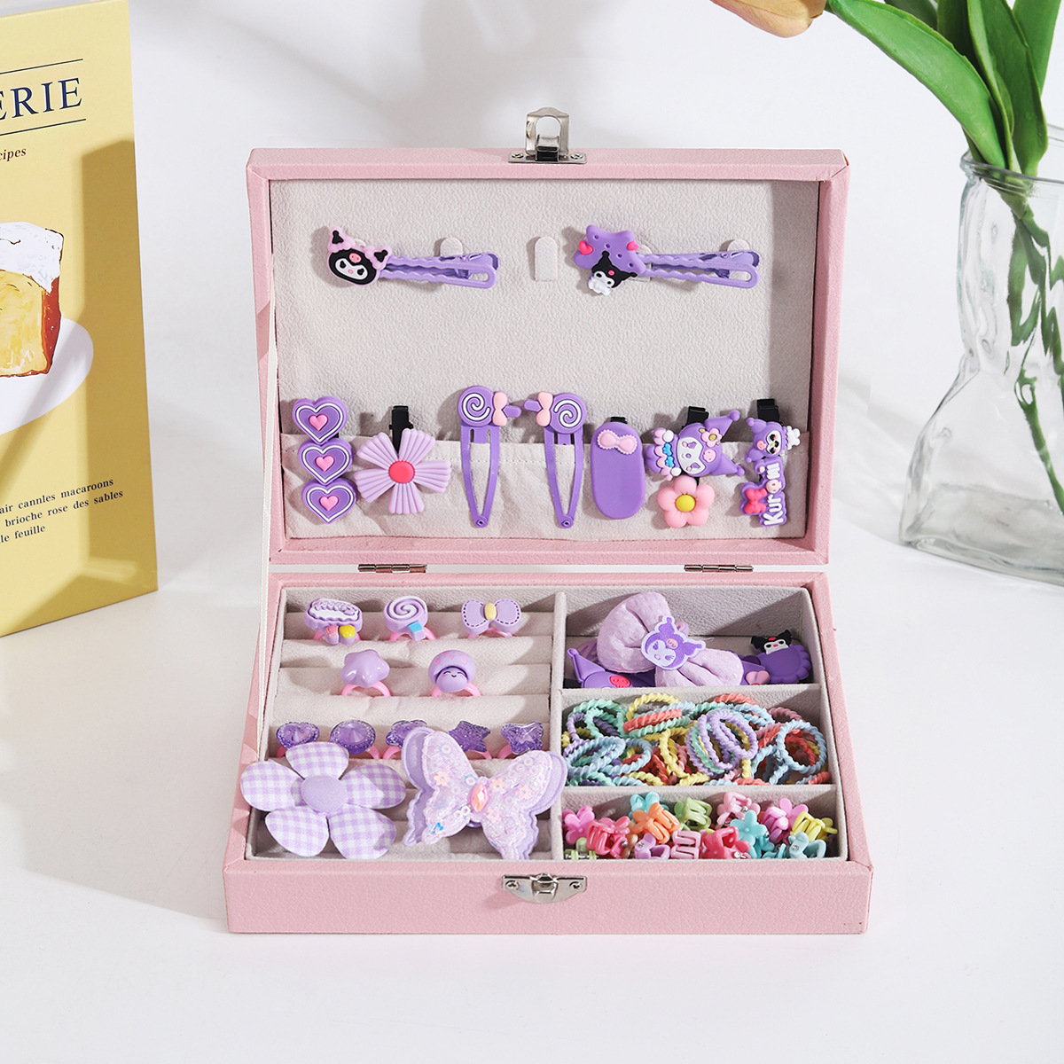 Cartoon Kuromi ear clip ring bracelet set Gift box, children's princess exquisite jewelry box, girl birthday present Specification drawing