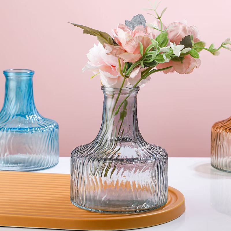Narrow-necked glacial-patterned glass dry vase, transparent vase, Nordic ins vase, mini hydroponic fresh flower pothos vase full figure