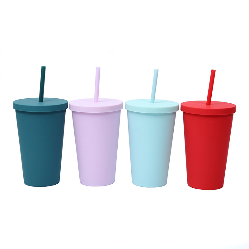 Amazon's new modern and simple flat-lid water cup, a popular matte cartoon portable 16oz double-layer straw cup Item Picture