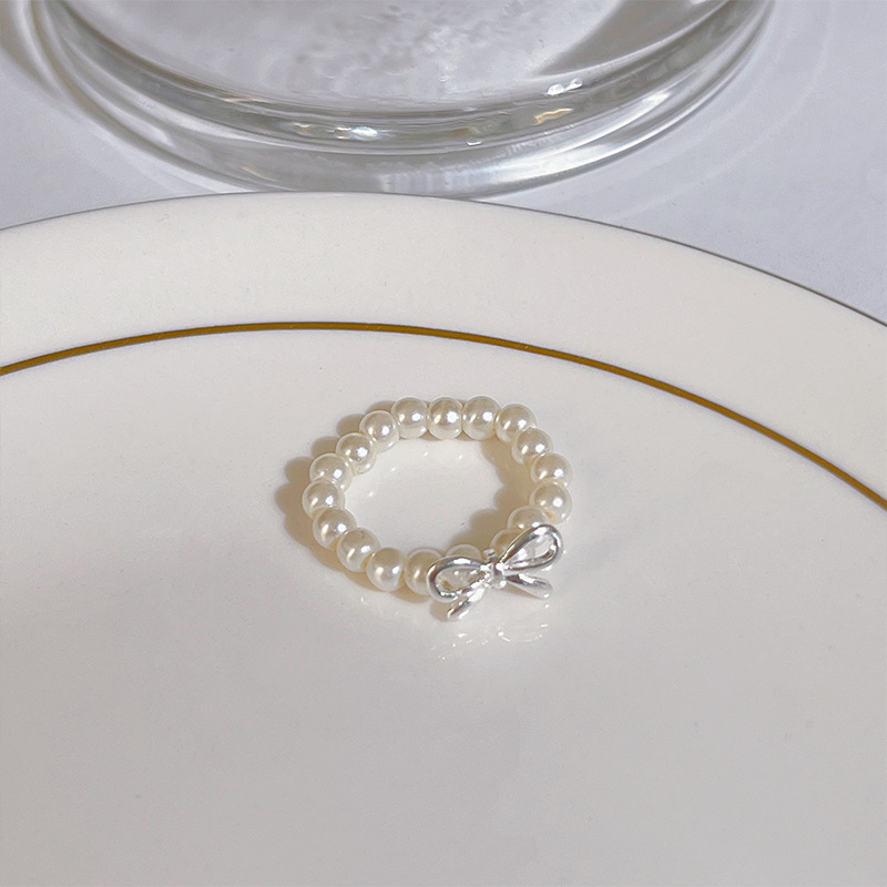 Korean-style bow pearl beaded ring, elegant and stylish in Instagram style, simple and versatile, high-end index finger ring accessory Specification drawing