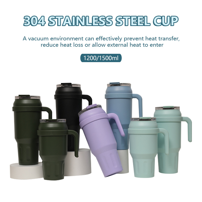 New cross-border solid-color 304 stainless steel insulated cup, portable handle, car cup, large-capacity ice cup details Picture