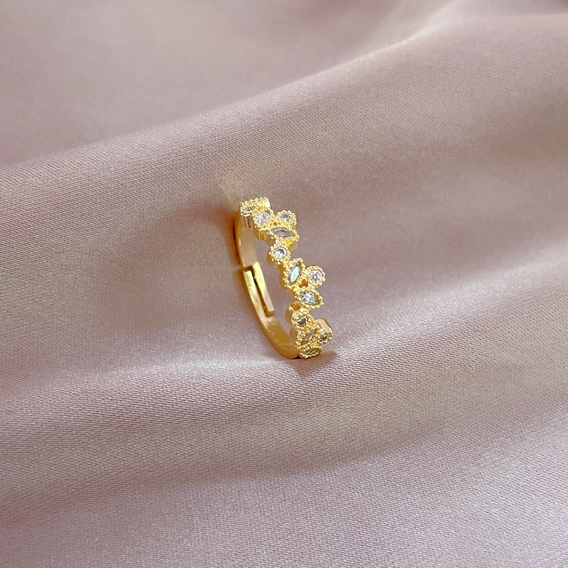 【 Real Gold 】 Leaf Zircon ring with adjustable opening, simple Japanese-style bracelet, couple rings Specification drawing
