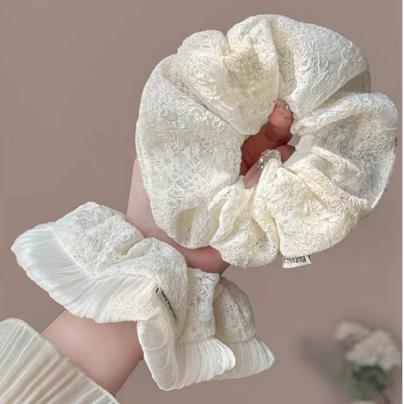 Korean version of super fairy-like white lace fringed large intestine hair band, high-end feminine hair tie, hair tie, hair accessory, hair flower, hair accessory Specification drawing