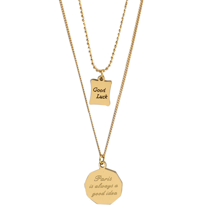 Korean version golden luxury double-layer sweater chain titanium steel necklace, female Goodluck lucky card hip-hop Internet celebrity collarbone chain Item Picture