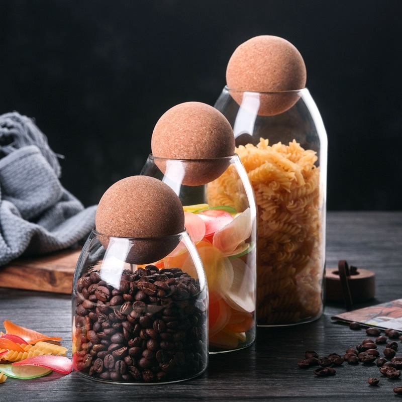 Wholesale spherical cork glass sealed jars for tea and coffee bean storage, kitchen storage for coarse grains and snacks Specification drawing