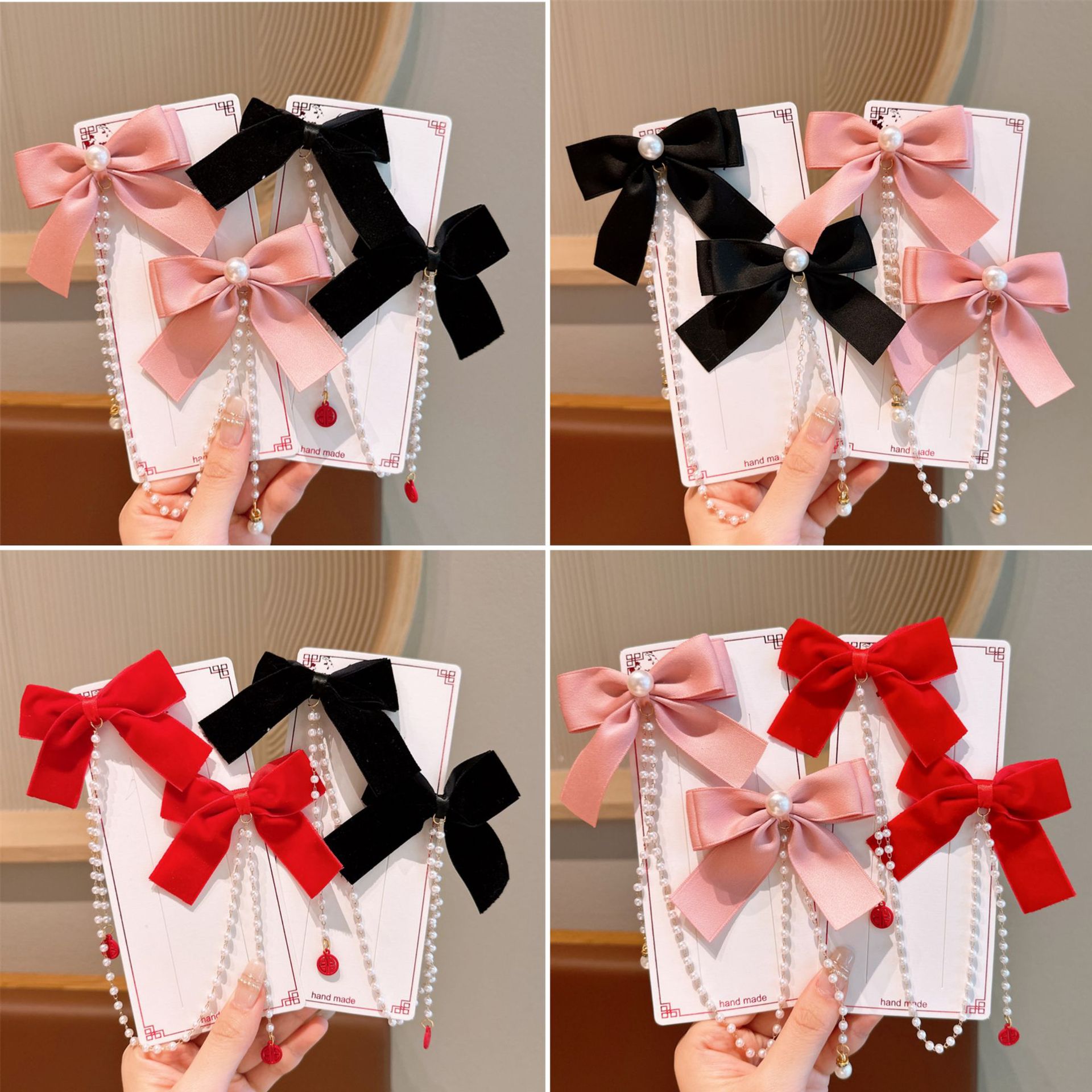 Children's New Year Red and festive pearl chain bow hair clip, baby princess headwear hair clip, girl tassel pair clip details Picture
