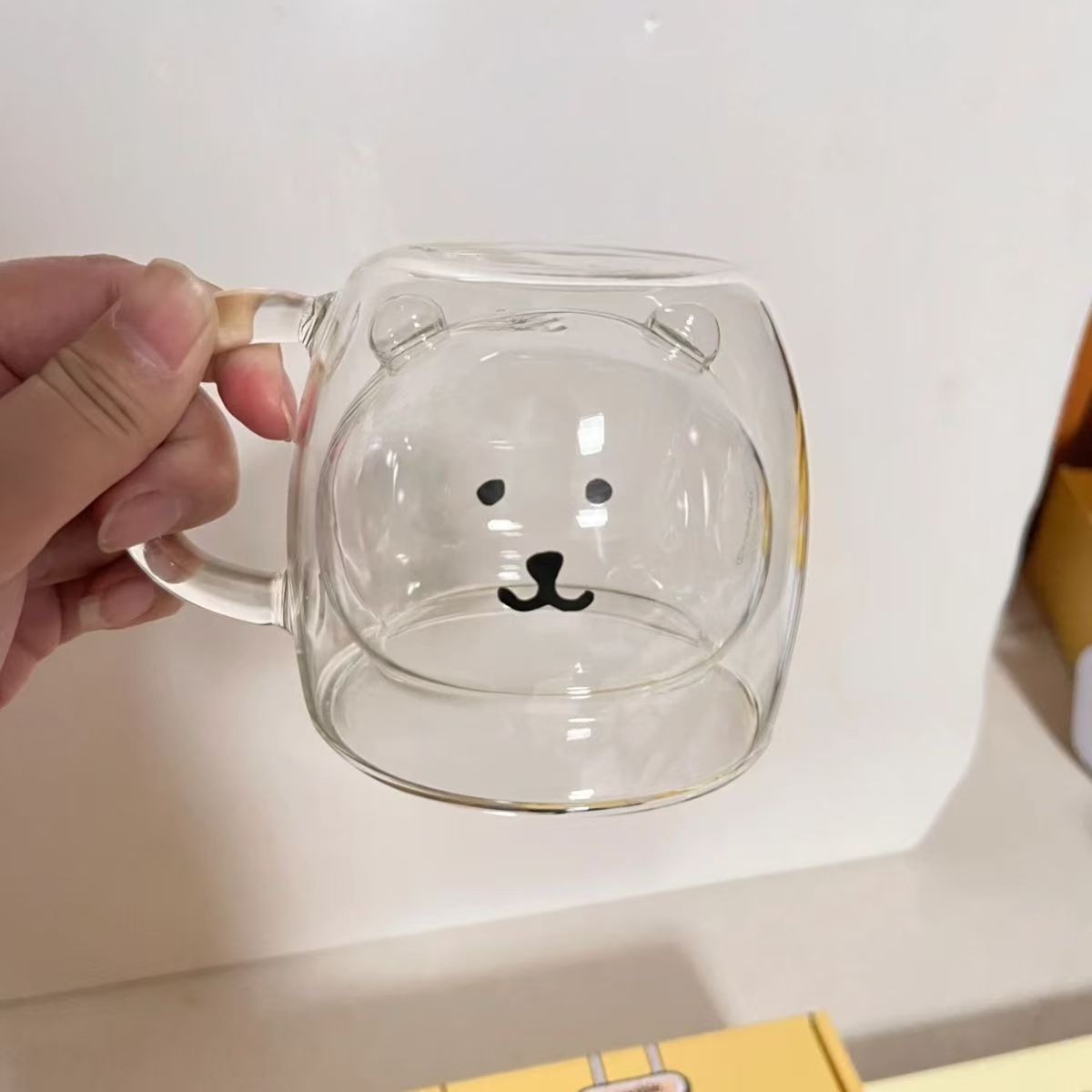 Self-mocking bear glass cup, high school girl's appearance level, cute cartoon, household drinking water cup, cold drink milk coffee cup Specification drawing