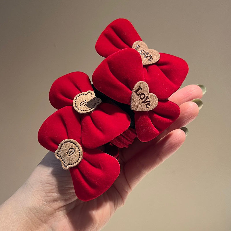 Red velvet bow hair band, autumn and winter New Year hair accessory, tied hair at the back of the head, high-elasticity towel band, leather band for women details Picture