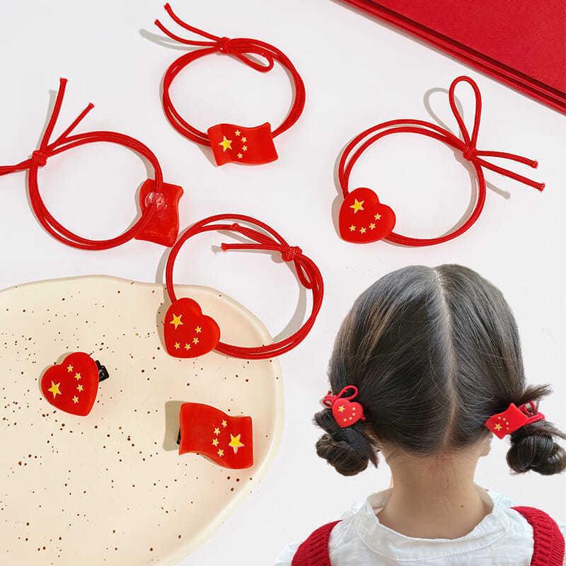 Children's rubber band, red headwear, National Day baby hair tie, Five-Star Red Flag rubber band, girls' heart-shaped hair clip, hair tie full figure