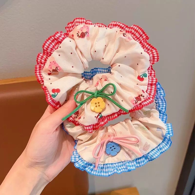 Cherry Bear! Forest-themed flower button lace edge large intestine hair band handmade hair accessory, red hair rope headwear hair accessory full figure