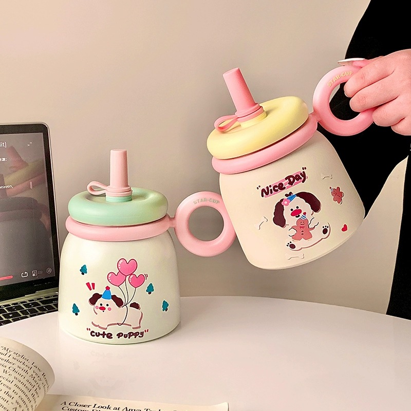 Cute red-nosed puppy desktop water cup, stainless steel coffee cup with straw, portable tea brewing cup, girls' insulated cup gift Specification drawing