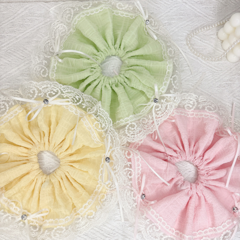 Extra-large size! Lace-trimmed large intestine hair tie, super fairy-like white bow bun, ponytail, hair tie for girls details Picture
