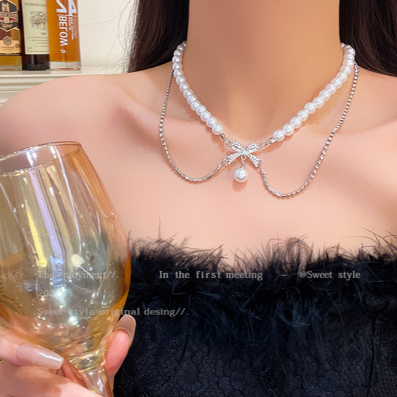 Double-layer bow pearl necklace for women, light luxury, niche, elegant and noble, collarbone chain, bridal dress necklace accessory Specification drawing