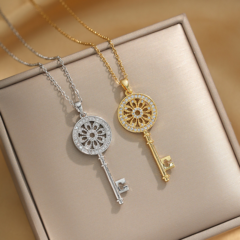 Korean fashion zircon magic key pendant titanium steel necklace women's light luxury bestseller collarbone chain popular jewelry full figure