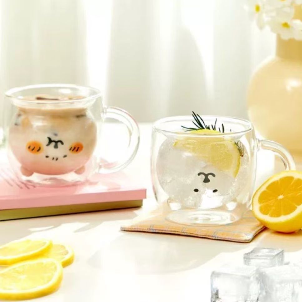 Self-mocking bear glass cup, high school girl's appearance level, cute cartoon, household drinking water cup, cold drink milk coffee cup full figure