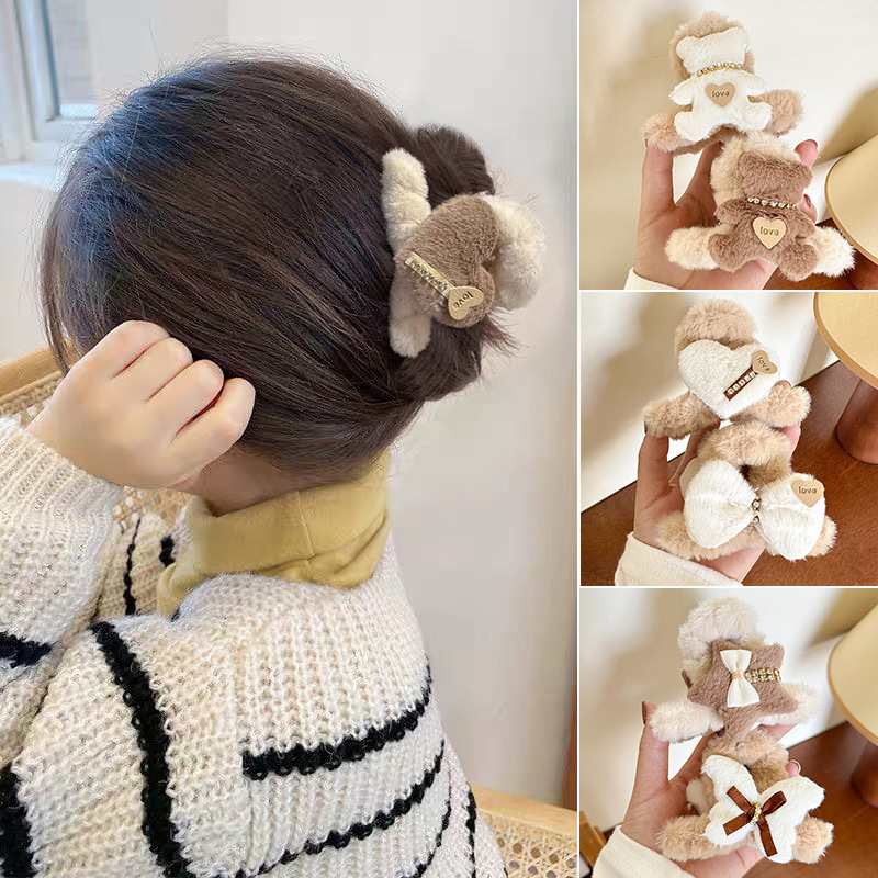 Autumn and winter plush hair clips, coffee-colored bear hair clips, children's cute cartoon small claw clips, shark clips on the back of the head for girls details Picture