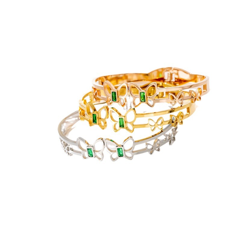 The non-fading hollowed-out green diamond butterfly titanium steel bracelet is a fashionable and versatile light luxury wristband for women. It is a simple and elegant internet-famous jewelry Item Picture