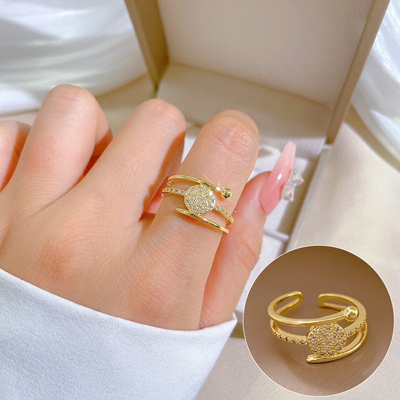 【 Real Gold 】 Round three-layer full diamond ring with adjustable opening, simple Japanese-style ring couple rings full figure