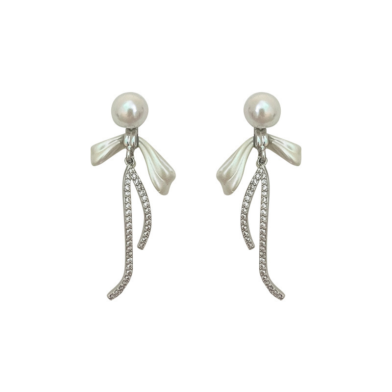 White bow pearl stud earrings are long earrings suitable for women with big round faces, exuding a light luxury and high-end charm Item Picture