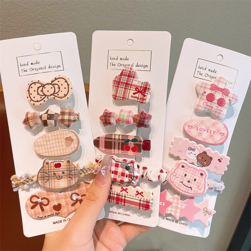 Children's chanel-style short hair fringe clip, sweet cartoon cat bear bow check bangs clip, versatile hair clip for girls details Picture
