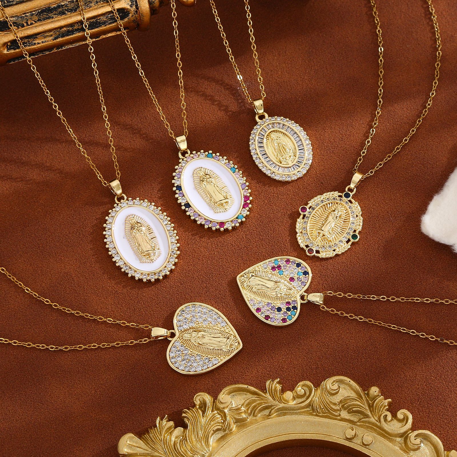Wholesale of European and American fashion cross-border religious copper micro-inlaid colored zircon pendant jewelry, Catholic Virgin Mary necklace full figure