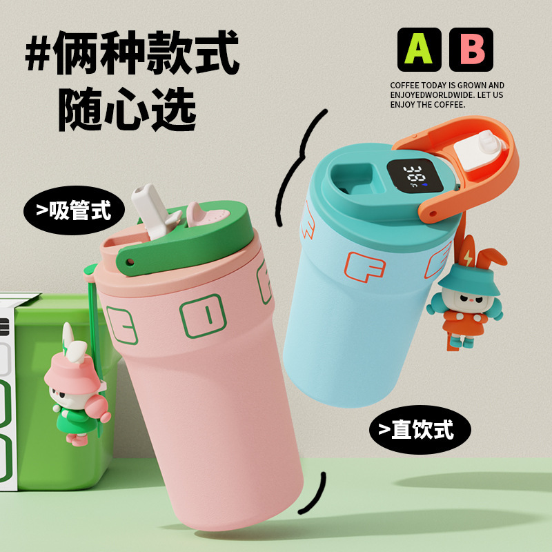 316 food-grade stainless steel coffee cup with cute doll, double spout, high temperature display, high appearance level, thermos cup, water cup Specification drawing