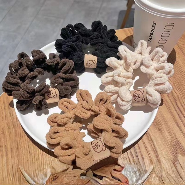 Japanese and Korean autumn and winter plush large intestine hair band, women's pleated hair, hair tie, bear stick, mop, rubber band, ponytail, bun hairstyle full figure