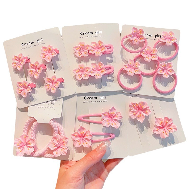 Pink cherry blossom clips, children's hair clips, rubber bands, wavy edge clips, little girl hair bands, hair ties, hair clips, no damage to hair, headwear Item Picture
