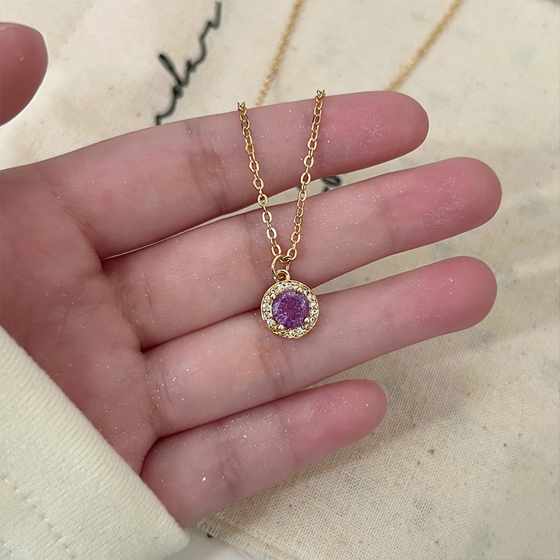 New 2024 trendy, exquisite and niche design collarbone neck chain, high-end purple pendant, round diamond-encrusted necklace for women details Picture