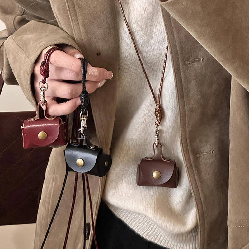 Cute and small leather coin purse, necklace, women's pendant, earphone case, leather rope, sweater chain, long accessory storage bag full figure