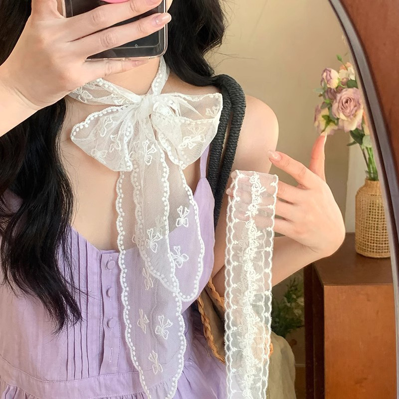 Pure white lace ribbons, long silk scarves, hairbands, spring and summer hot girls, stacked choker accessories, tied hair and headwear full figure