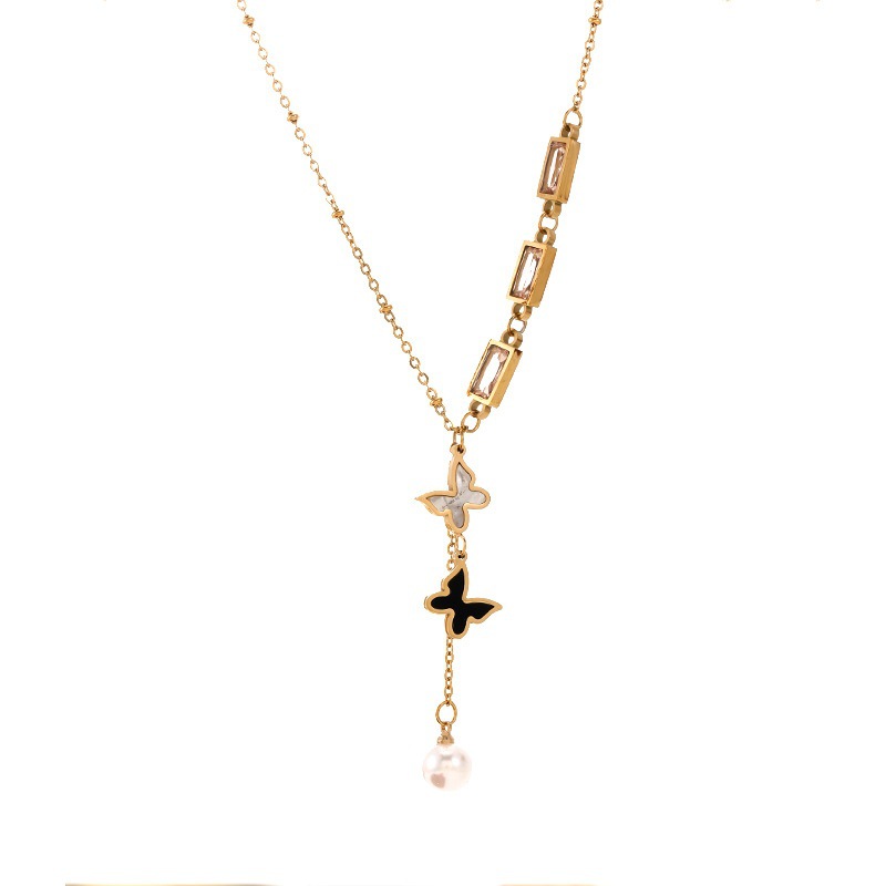 Fashionable, niche, simple and fresh titanium steel necklace, light luxury butterfly square diamond zirconia tassel gold necklace wholesale Item Picture