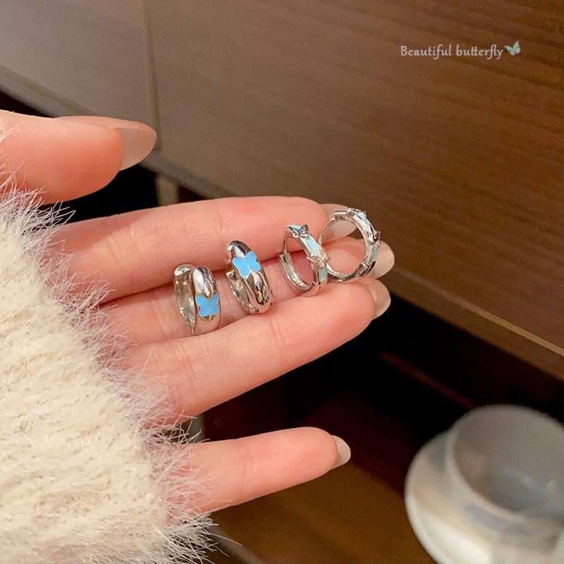 Light blue glazed butterfly earrings, women's ins-style, niche design sense ear rings, high-end and elegant ear buckles and earrings full figure