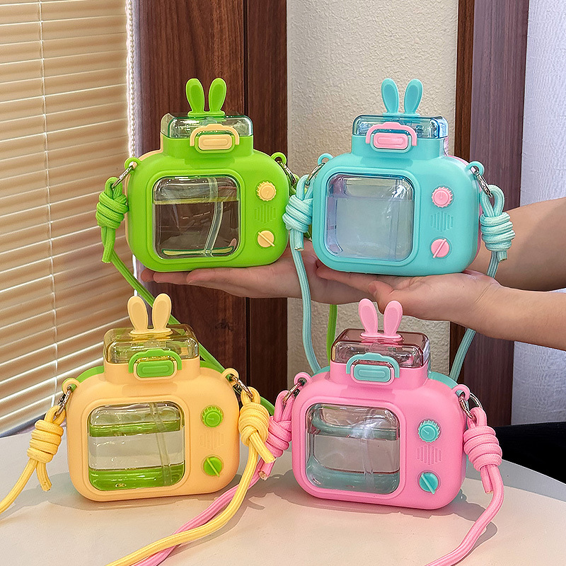 Children's dopamine water cup, Rabbit high appearance level straw cup, plastic portable outdoor diagonal cross girls' summer cup details Picture