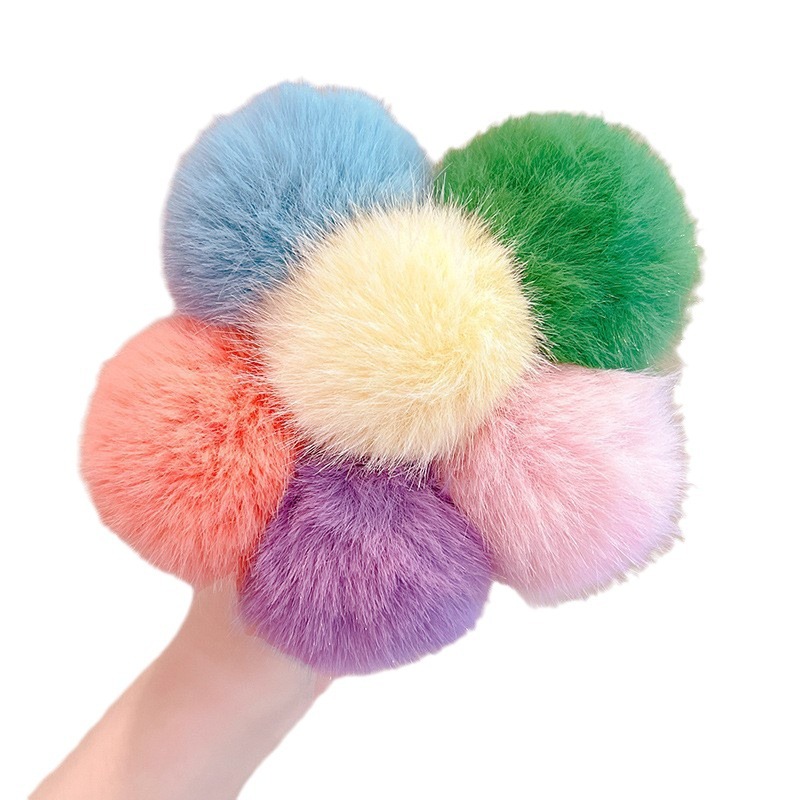New autumn and winter fluffy hair bands, children's high-elasticity hair ties, princess cute rubber bands, baby pom-ball hair ties Item Picture