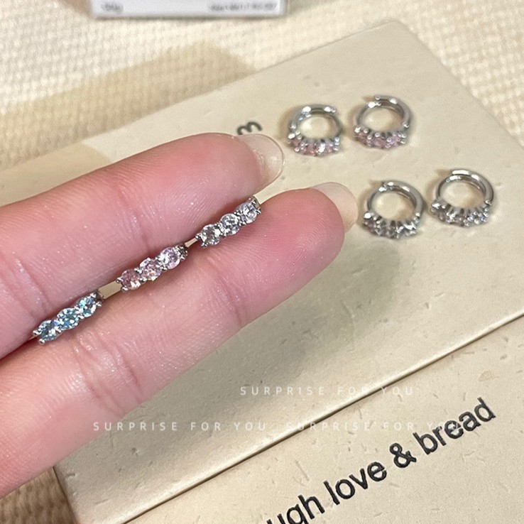 Sparkling double ear holes, colorful zircon ear rings, women's high-end, light luxury, niche plain ring earrings, unique stud earrings and ear buckles details Picture
