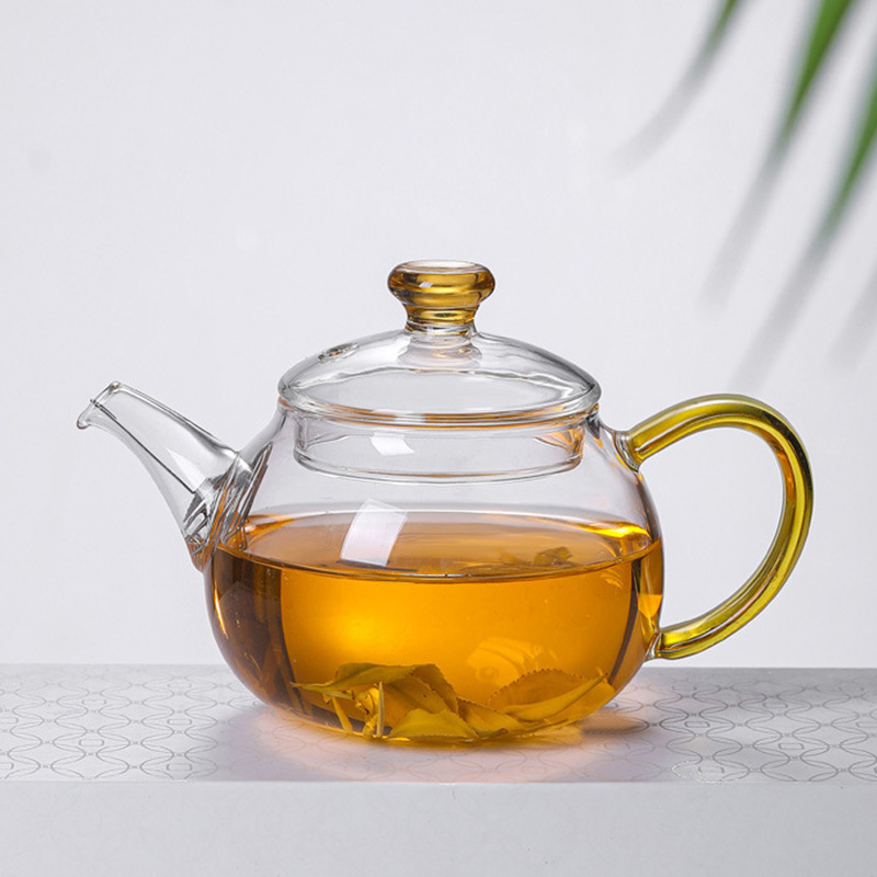 Wholesale household transparent high borosilicate glass brewing teapots, small single-person color handle brewing teapots with filtering function Specification drawing
