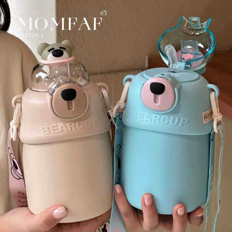 High-appearancy-level best-selling cartoon insulated cups, student bear cups, straw cups, ins portable lanyard cartoon insulated cups details Picture
