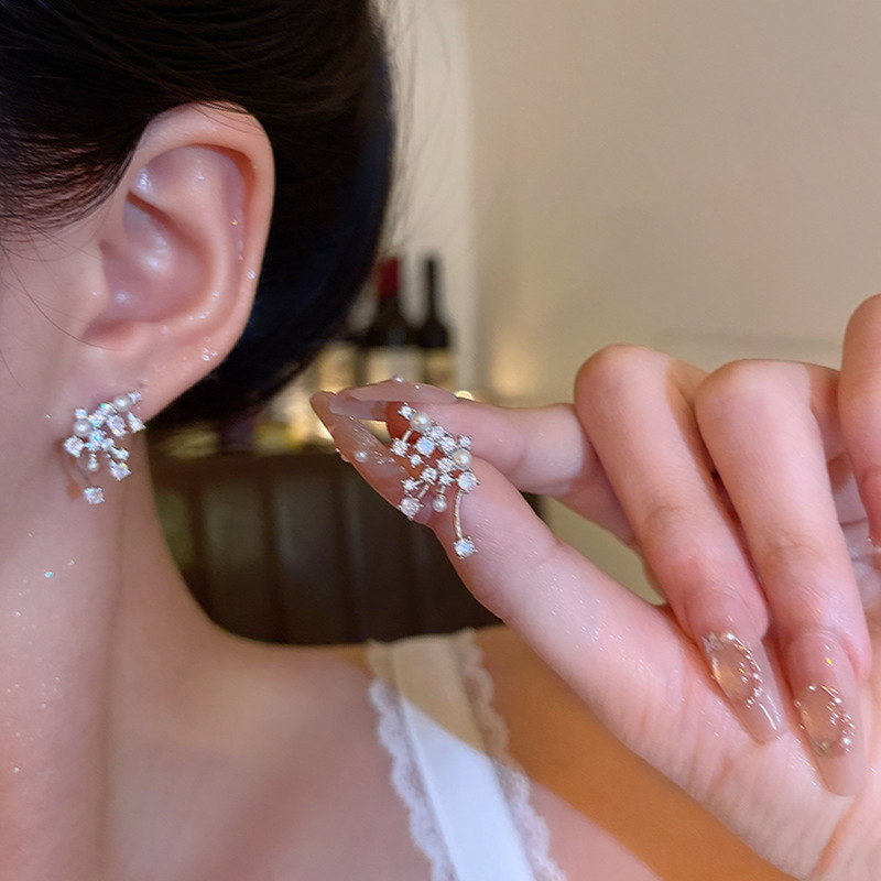 Korean bestsellers, exquisite micro-inlaid zircon stud earrings, light luxury, niche and high-end style, firework pearl earrings, unique earrings for women details Picture