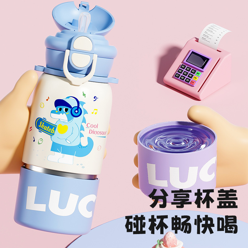High-appearation-level cartoon children's insulated cup, school cold preservation cup, straw cup, large-capacity one-lid double-drinking stainless steel cup Application Scenario