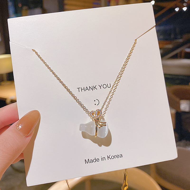 Japanese and Korean light luxury bow, cat's eye stone small gourd necklace, female Instagram personality, high-end style, Internet celebrity collarbone chain neck chain details Picture