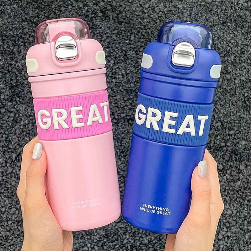 Simple and high-appearation-level thermos cups, couple's Nordic-style double-drinking straw cups, portable sports spring-lid stainless steel water cups Specification drawing