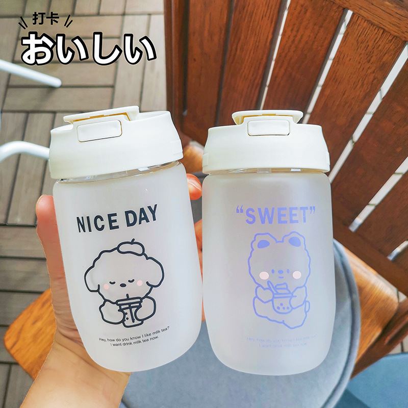 Frosted double-drinking coffee cup, cartoon and cute home and office glass cup, student portable leak-proof double-drinking straw cup full figure