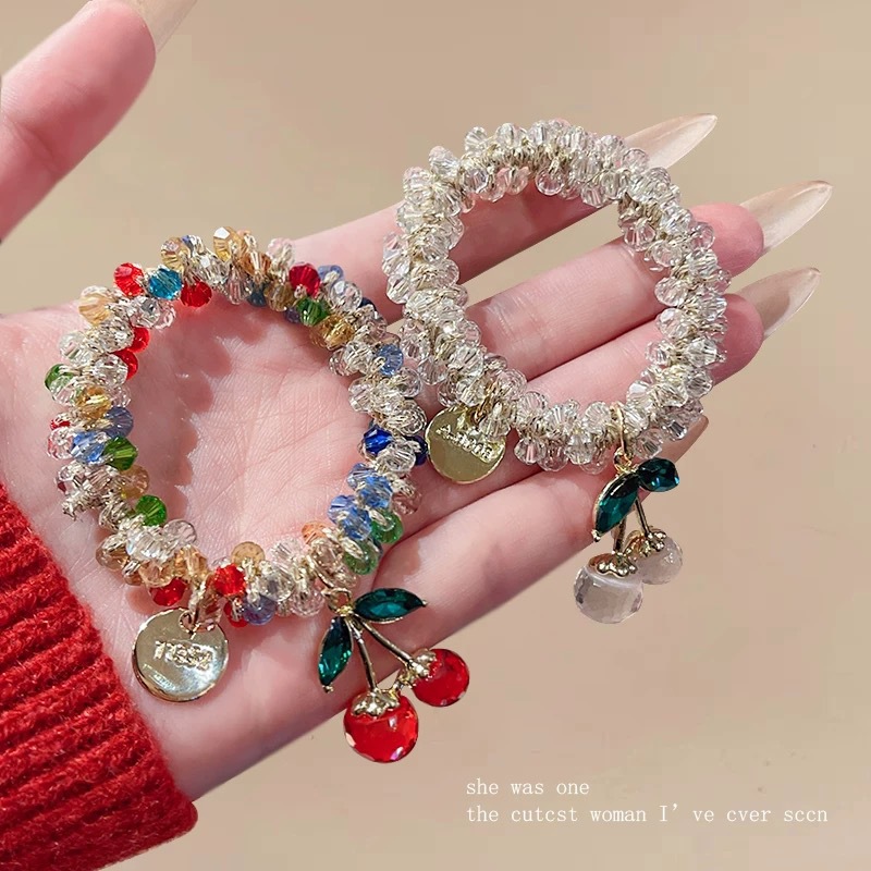 Korean water diamond, colorful crystal bracelet, dual-purpose hair band, hair tie, best friend hair tie, cherry leather band, ponytail, headwear for women details Picture