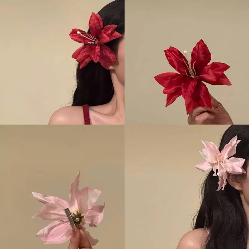 A stylish red faux lily flower fringe with an ins hairpin for taking photos, a high-end and elegant hair accessory and a versatile hair clip full figure